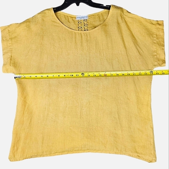 TERZO MILLENNIO Golden Linen w/Cotton Embroidered Split Back Lace Pullover Top - Picture 7 of 10
